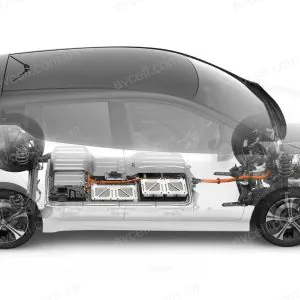 Cross-sectional view of an electric car showing the battery pack and electric drivetrain inside the chassis.
